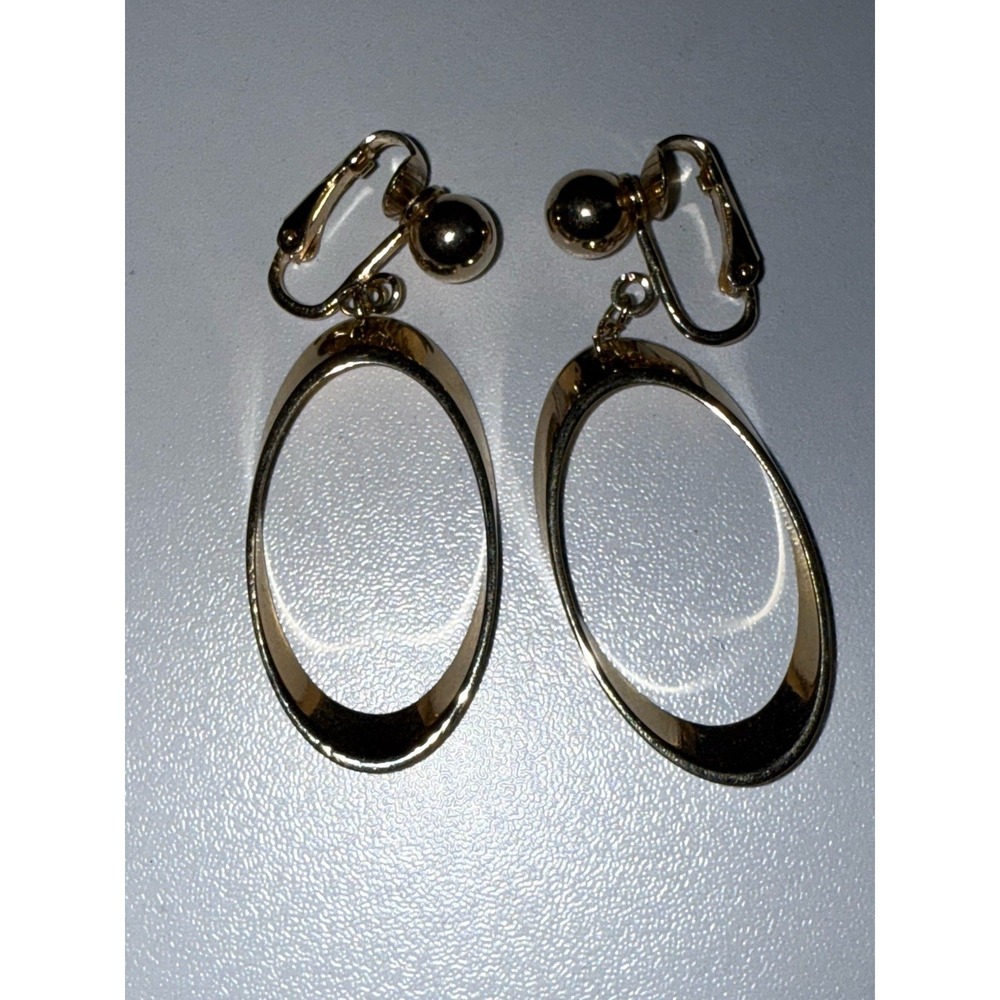 Vintage Signed Bergère Gold Tone Hoop Dangle Drop‎ Clip On Earrings